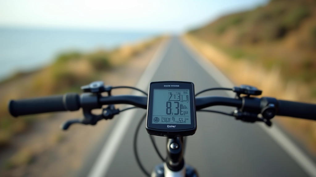 Dviračio kompiuterio ekranas rodo 18 km atstumą ir 2h 15min laiką prie jūros fono